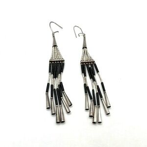 Native American Sterling Earrings Dangling with Silver and Black Beads Long